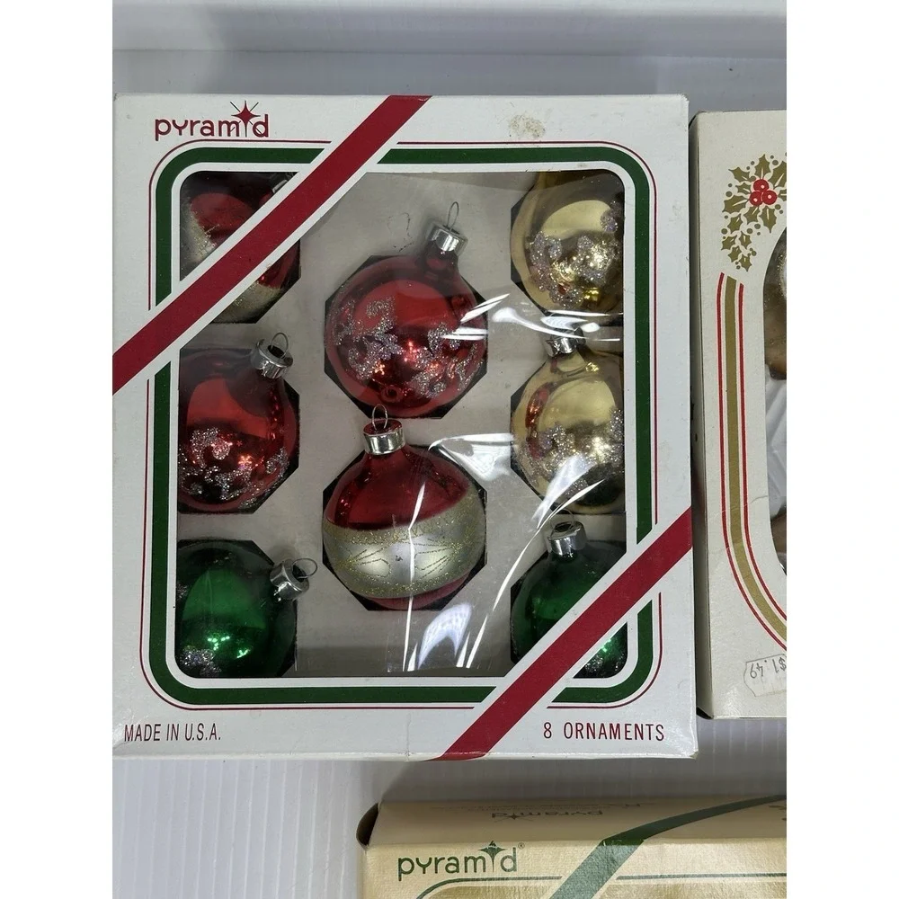 Vintage Lot 17 Pyramid Glass Christmas Ornaments Balls Hand Decorated Glitter